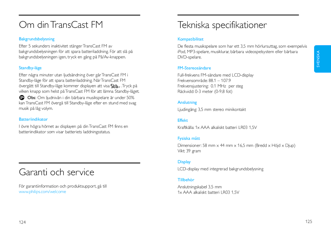 Philips DLV92009/10 user manual Om din TransCast FM, Garanti och service, Tekniska specifikationer 