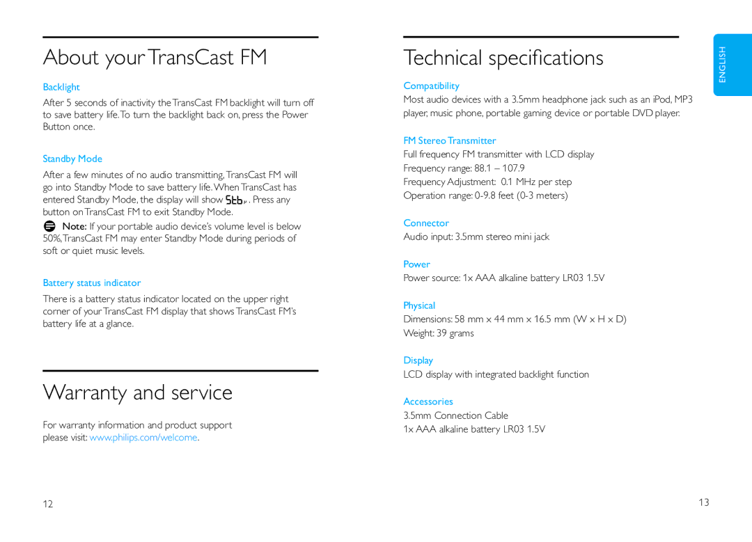 Philips DLV92009/10 user manual About your TransCast FM, Warranty and service Technical speciﬁcations 