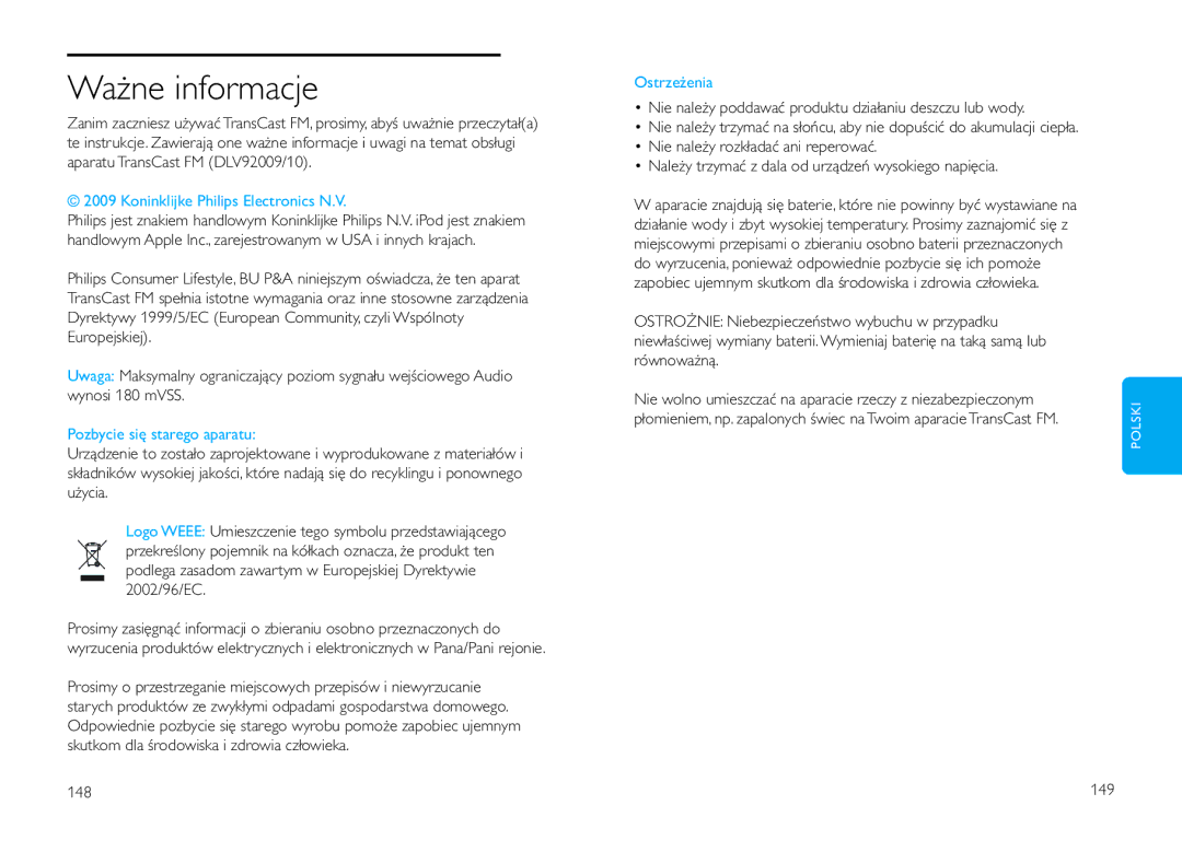 Philips DLV92009/10 user manual Ważne informacje, Pozbycie się starego aparatu, Ostrzeżenia, 149 