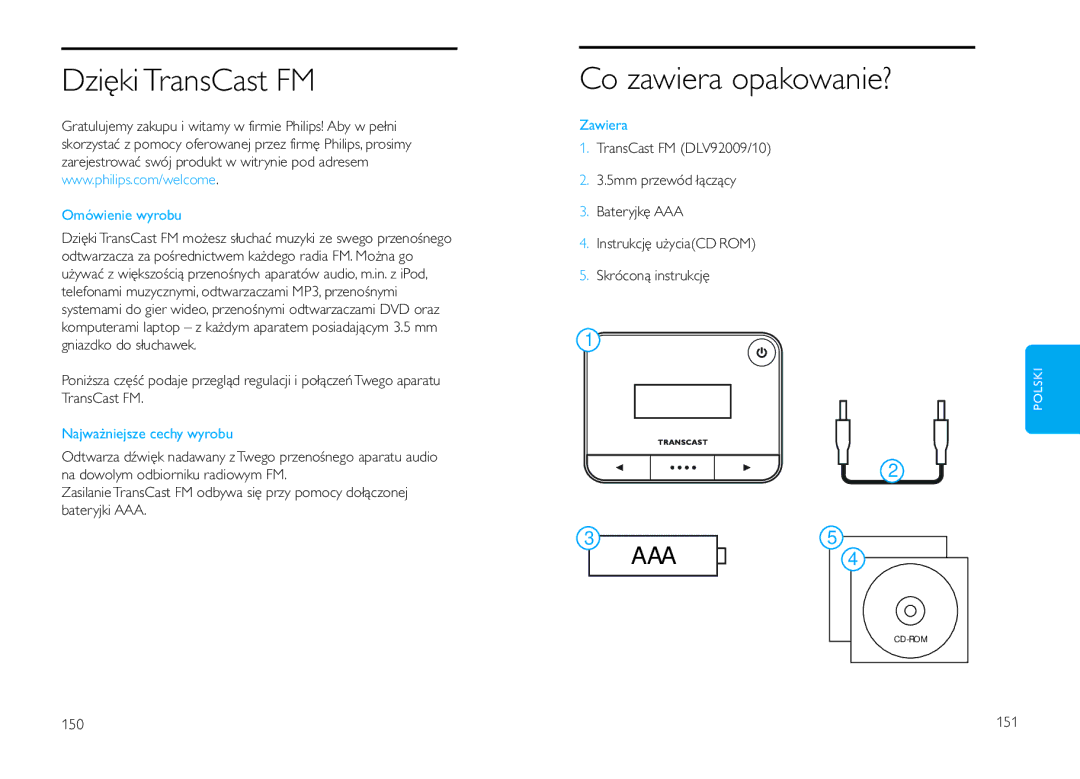 Philips DLV92009/10 Dzięki TransCast FM, Co zawiera opakowanie?, Omówienie wyrobu, Najważniejsze cechy wyrobu, Zawiera 