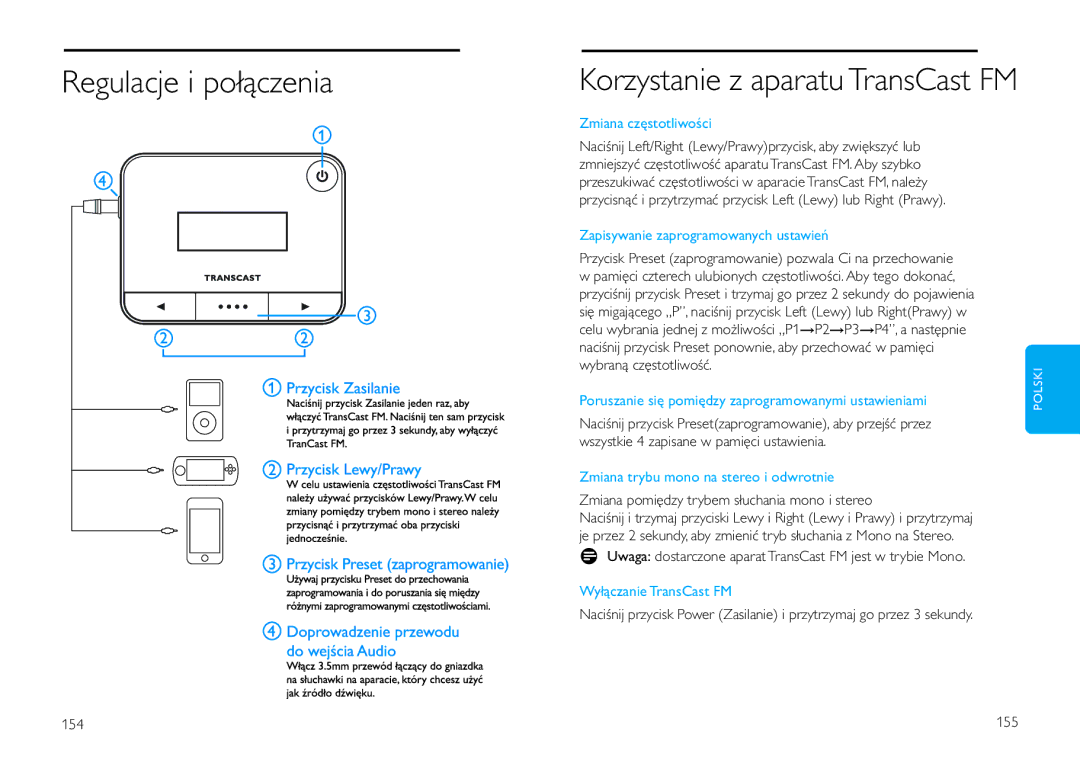 Philips DLV92009/10 user manual Regulacje i połączenia, Korzystanie z aparatu TransCast FM 