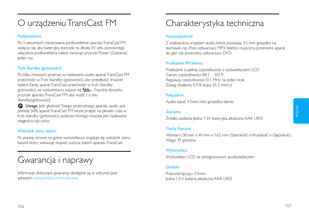 Philips DLV92009/10 user manual Urządzeniu TransCast FM, Gwarancja i naprawy, Charakterystyka techniczna 