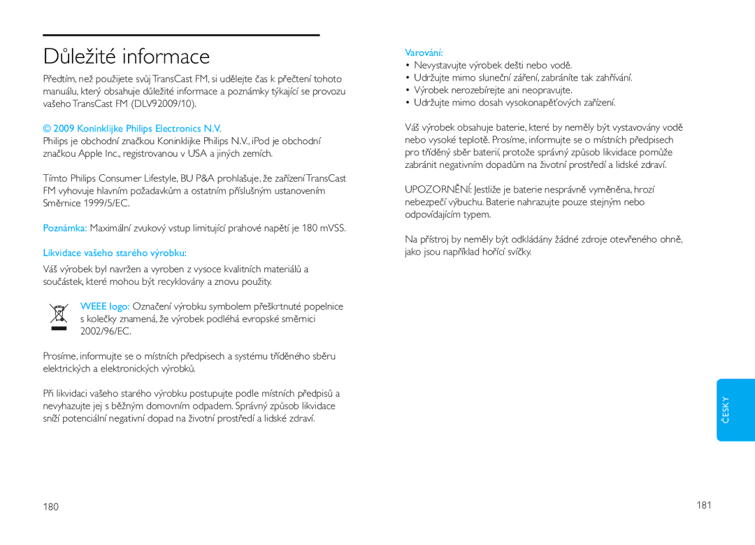 Philips DLV92009/10 user manual Důležité informace, Varování, 180 181 