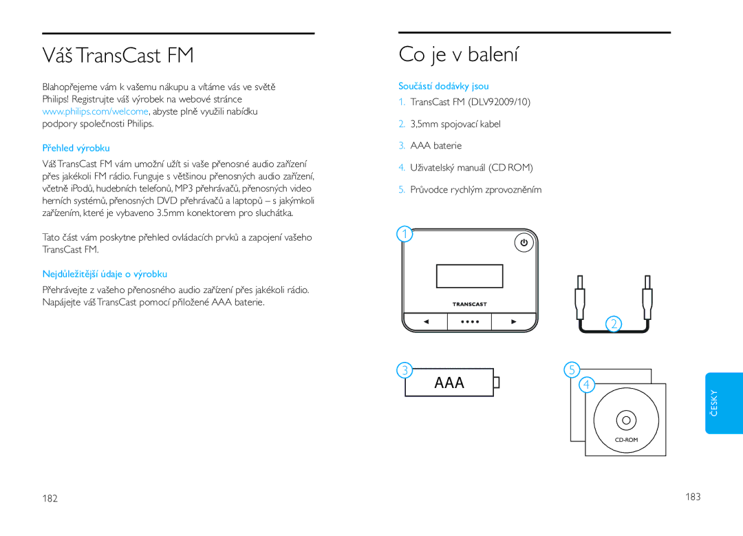 Philips DLV92009/10 user manual Váš TransCast FM, Co je v balení, Přehled výrobku, Nejdůležitější údaje o výrobku 