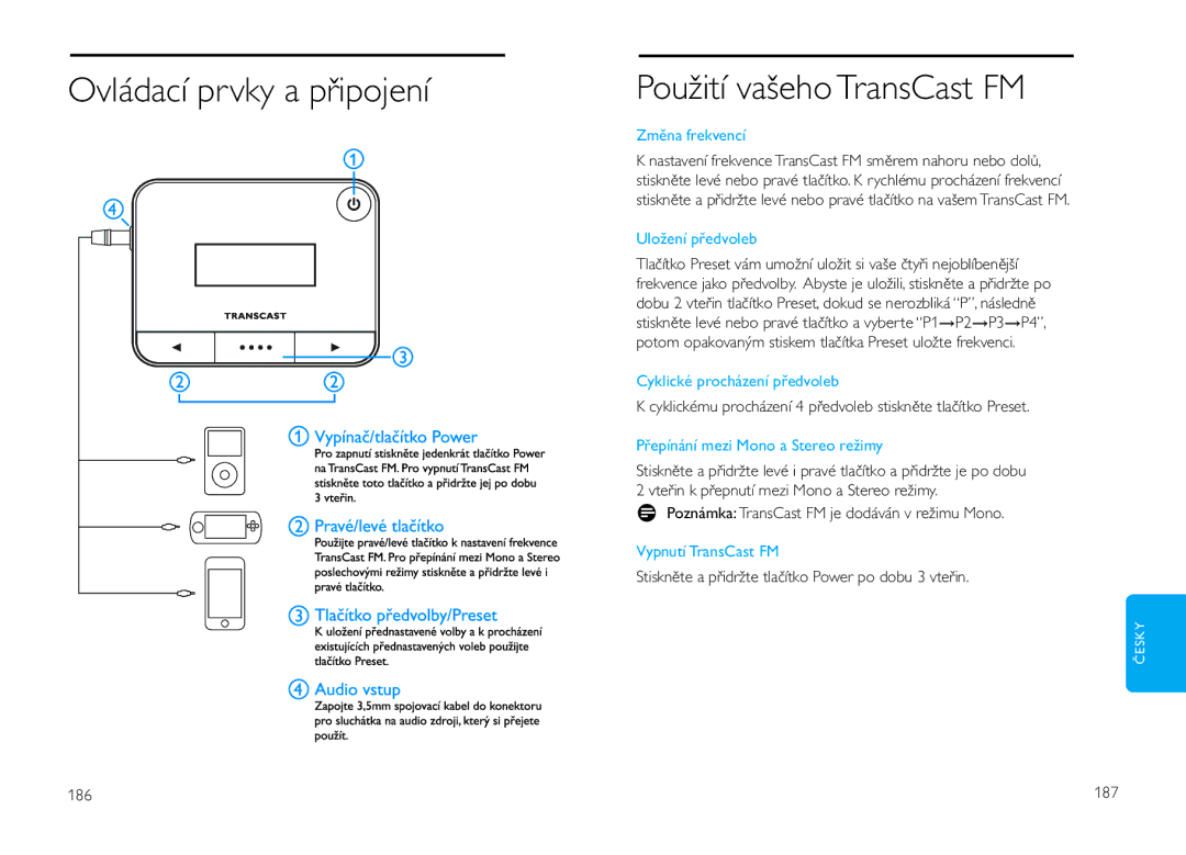 Philips DLV92009/10 user manual Použití vašeho TransCast FM, Ovládací prvky a připojení 