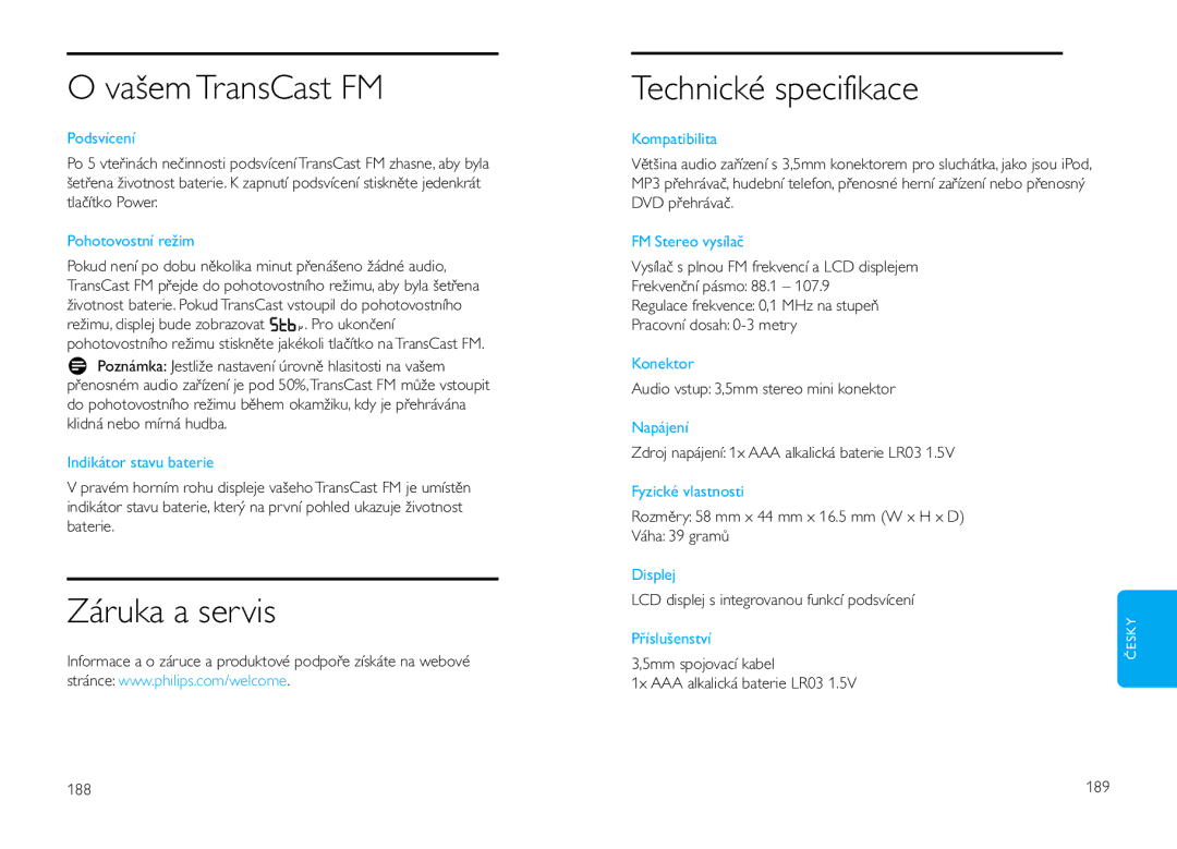 Philips DLV92009/10 user manual Vašem TransCast FM, Záruka a servis, Technické specifikace 