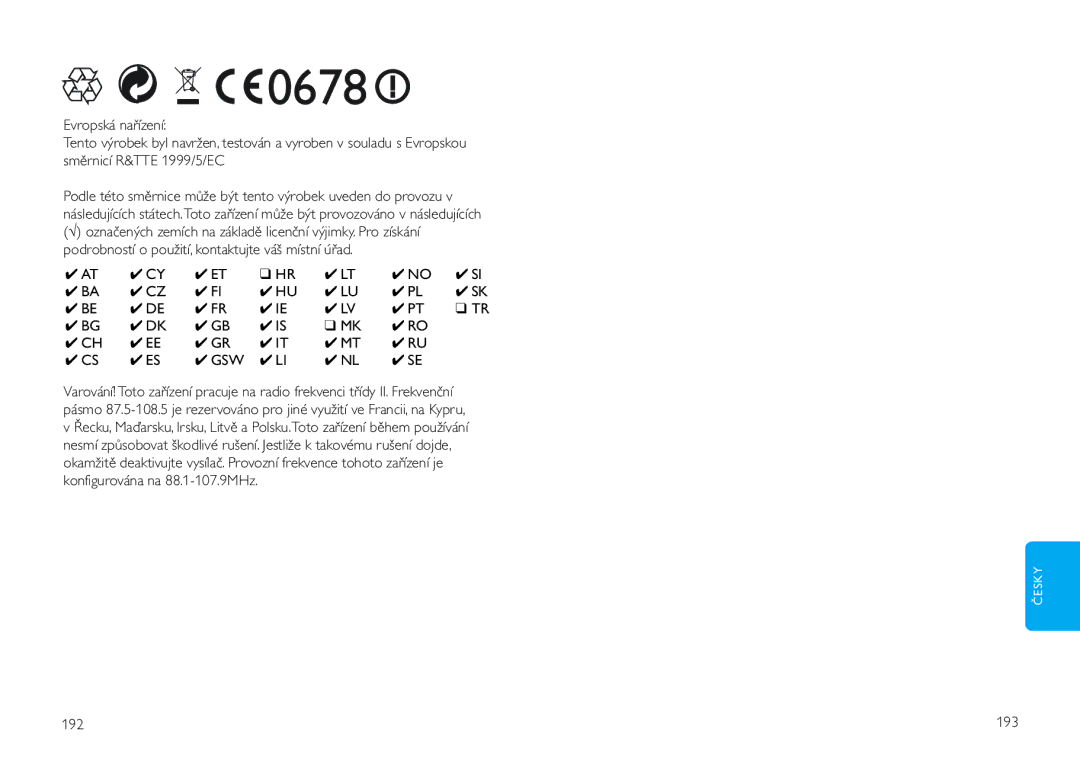 Philips DLV92009/10 user manual Evropská nařízení, Konfigurována na 88.1-107.9MHz, 192 193 