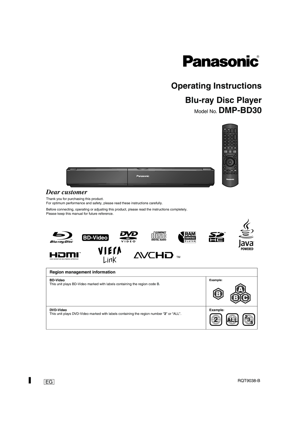 Philips DMP-BD30 operating instructions Region management information, BD-Video, DVD-Video Example 