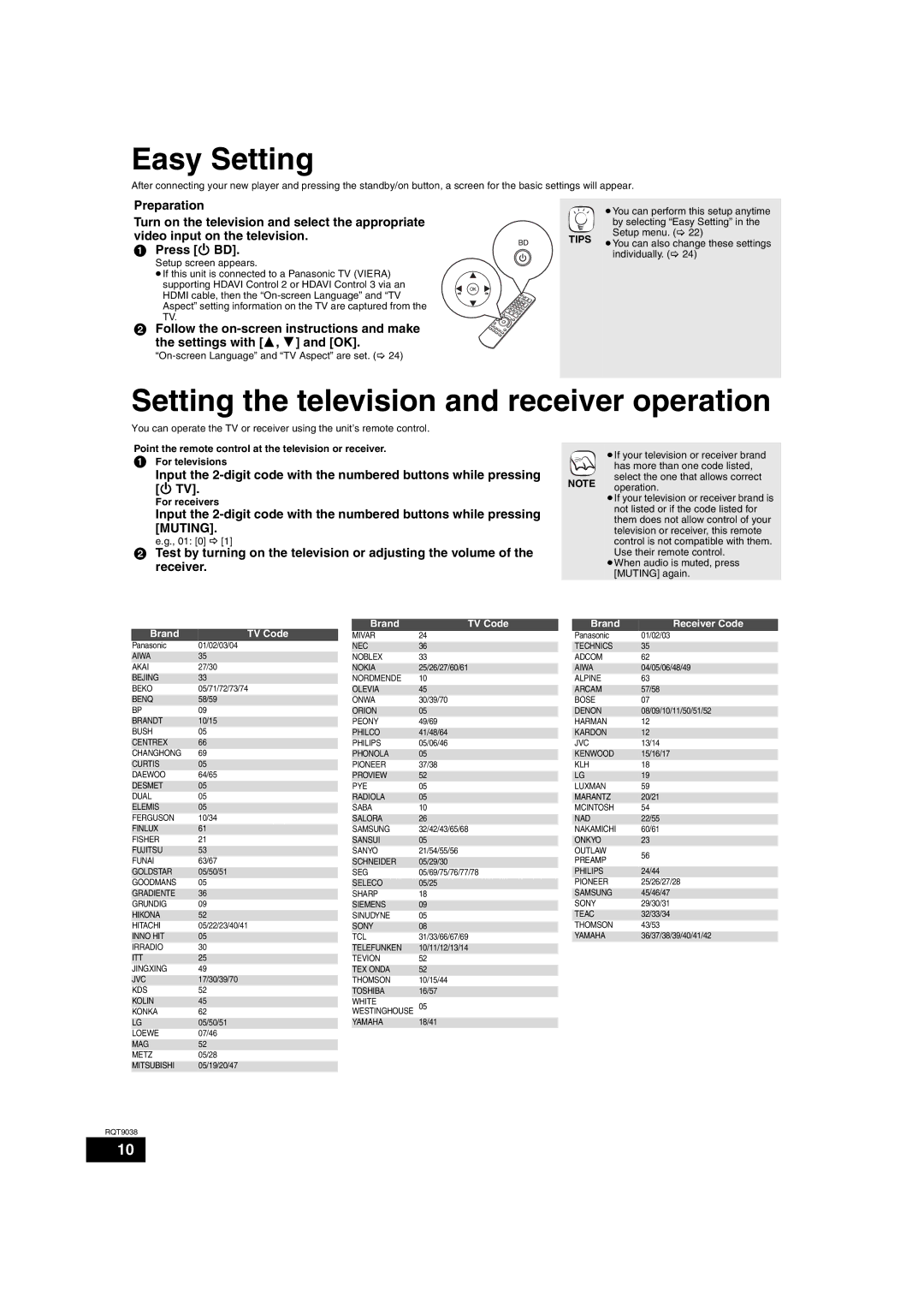 Philips DMP-BD30 operating instructions Easy Setting, Setting the television and receiver operation, Receiver 