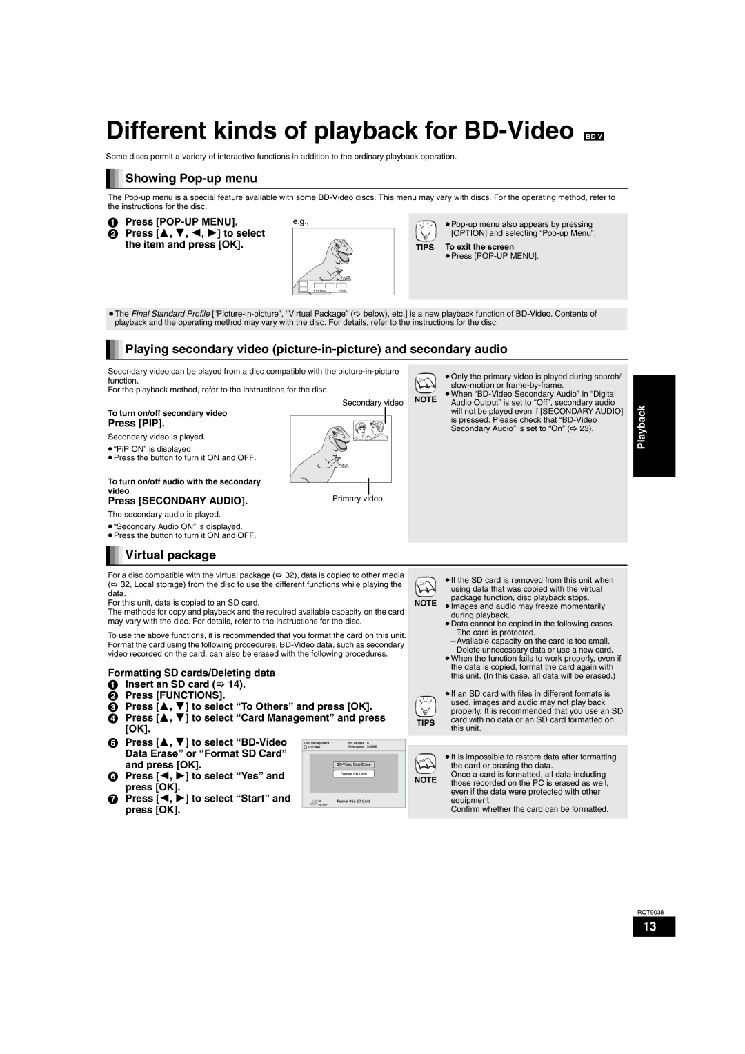 Philips DMP-BD30 operating instructions Different kinds of playback for BD-Video BD-V, Showing Pop-up menu, Virtual package 