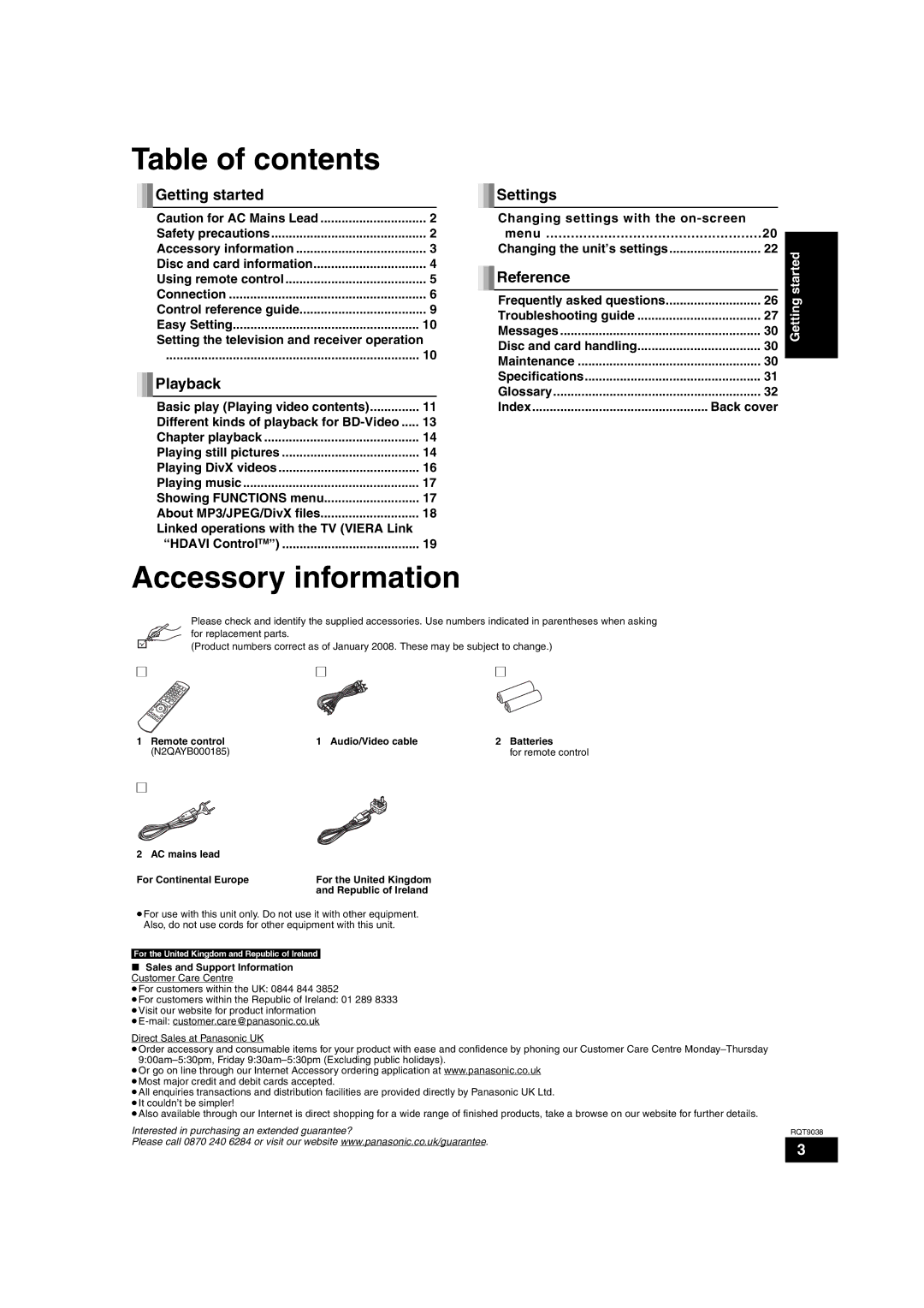 Philips DMP-BD30 operating instructions Table of contents, Accessory information 