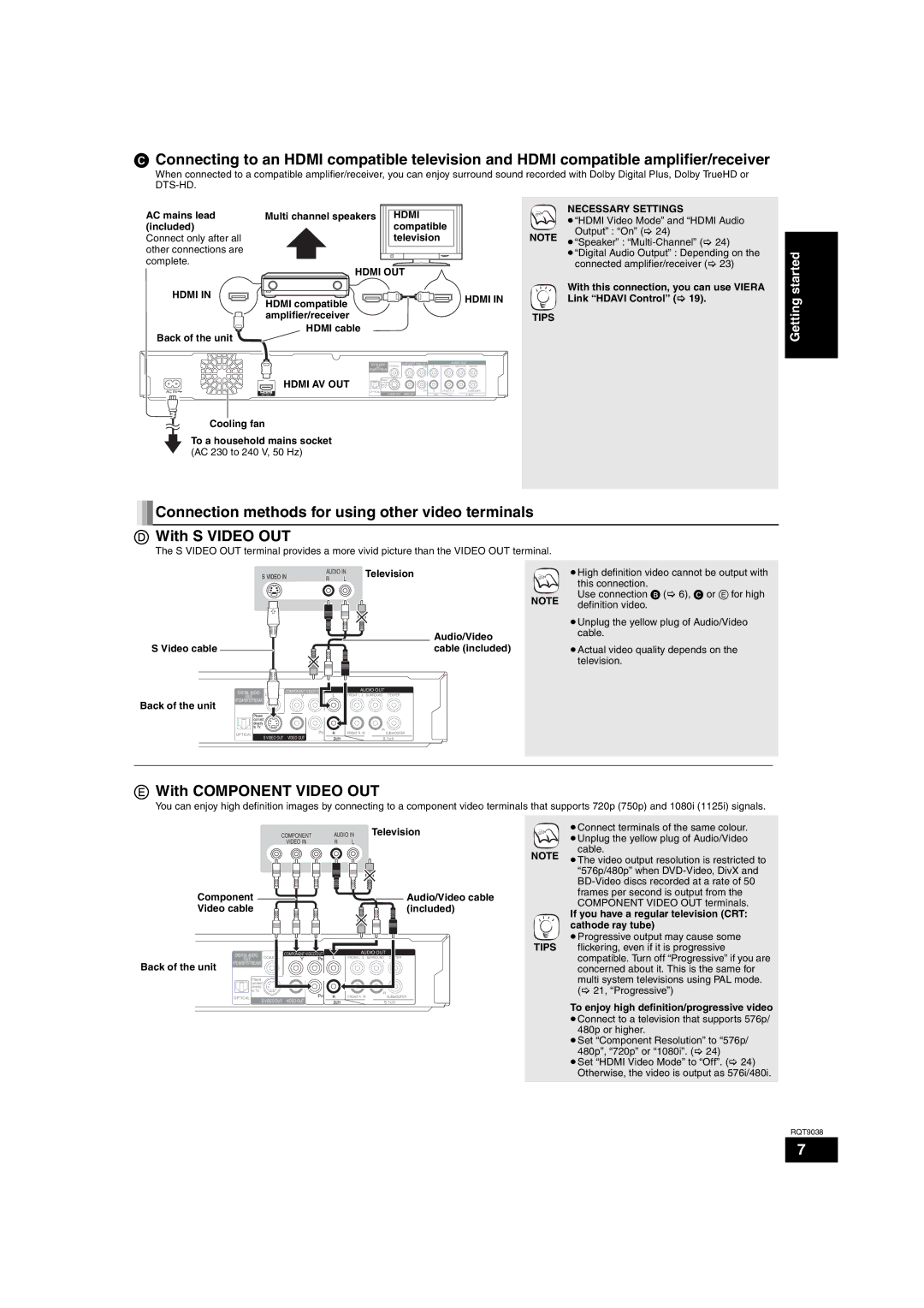 Philips DMP-BD30 operating instructions With Component Video OUT, Hdmi OUT, Necessary Settings 