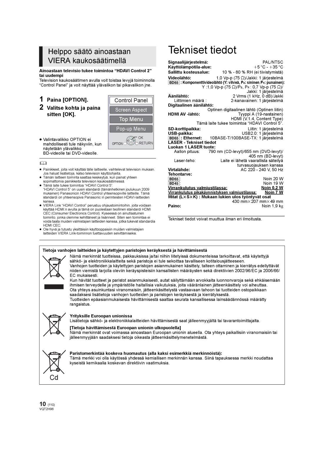 Philips DMP-BD65 operating instructions Tekniset tiedot, Helppo säätö ainoastaan Viera kaukosäätimellä 