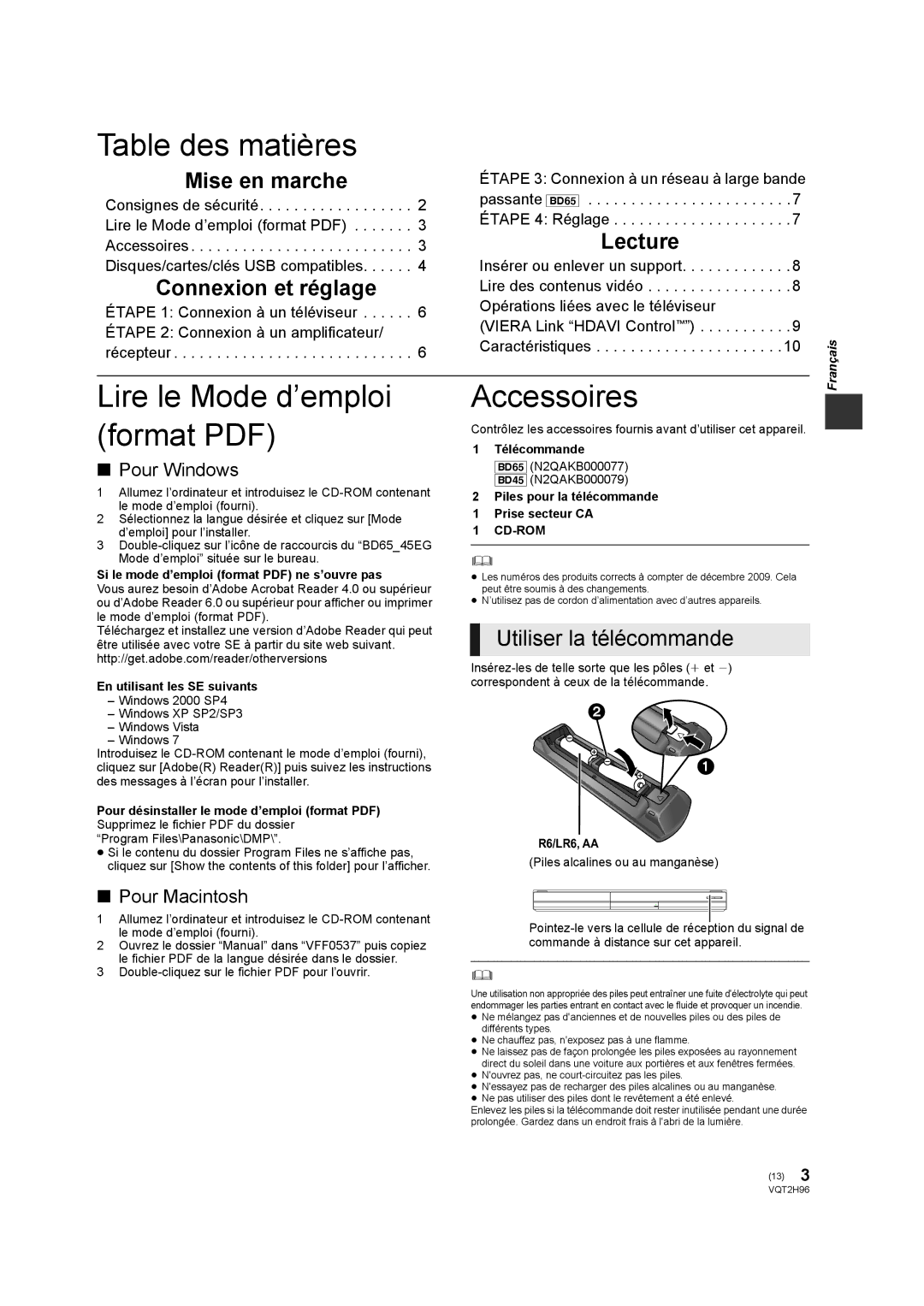 Philips DMP-BD65 Table des matières, Accessoires, Mise en marche Connexion et réglage, Lecture, Utiliser la télécommande 