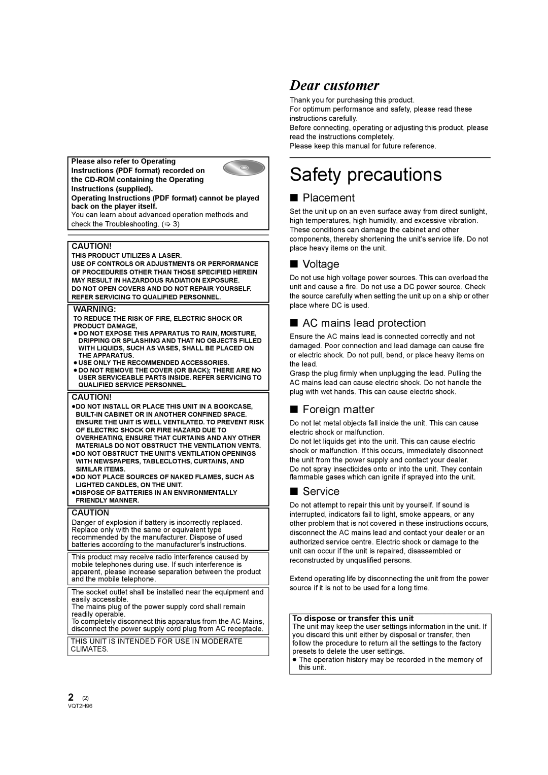 Philips DMP-BD65 operating instructions Safety precautions, Dear customer 