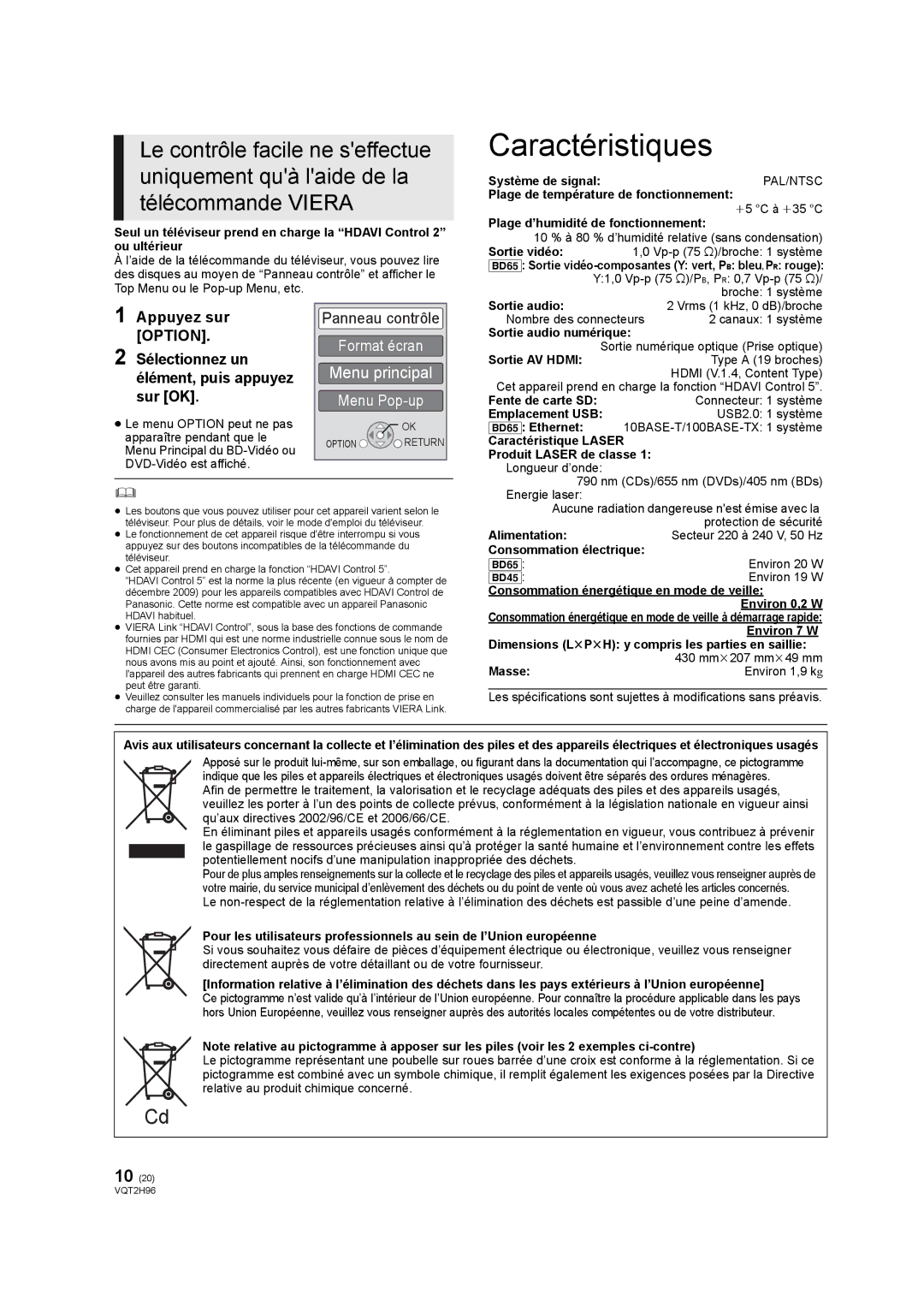 Philips DMP-BD65 operating instructions Caractéristiques 