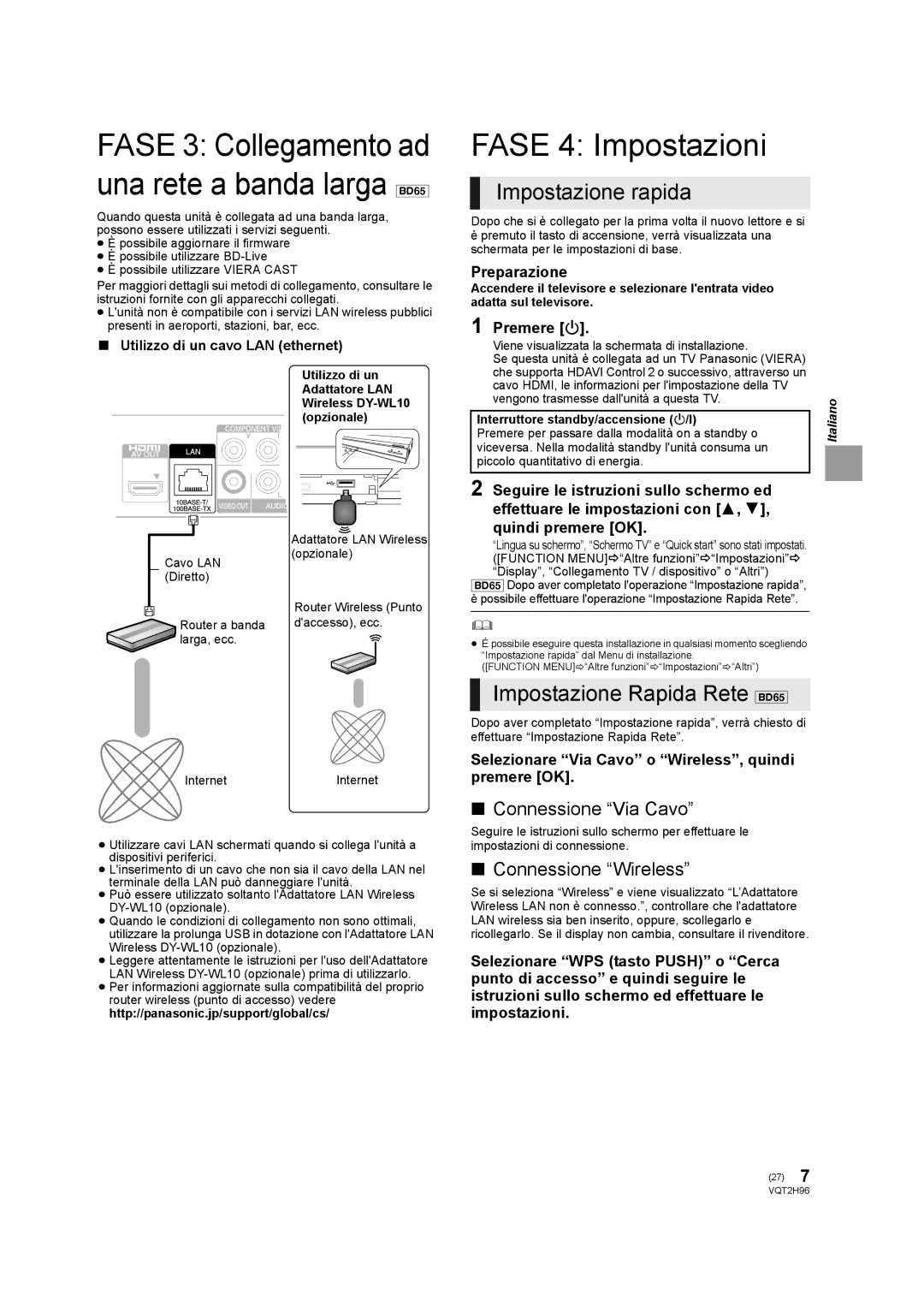 Philips DMP-BD65 Fase 4 Impostazioni, Impostazione rapida, Impostazione Rapida Rete BD65, Connessione Via Cavo 