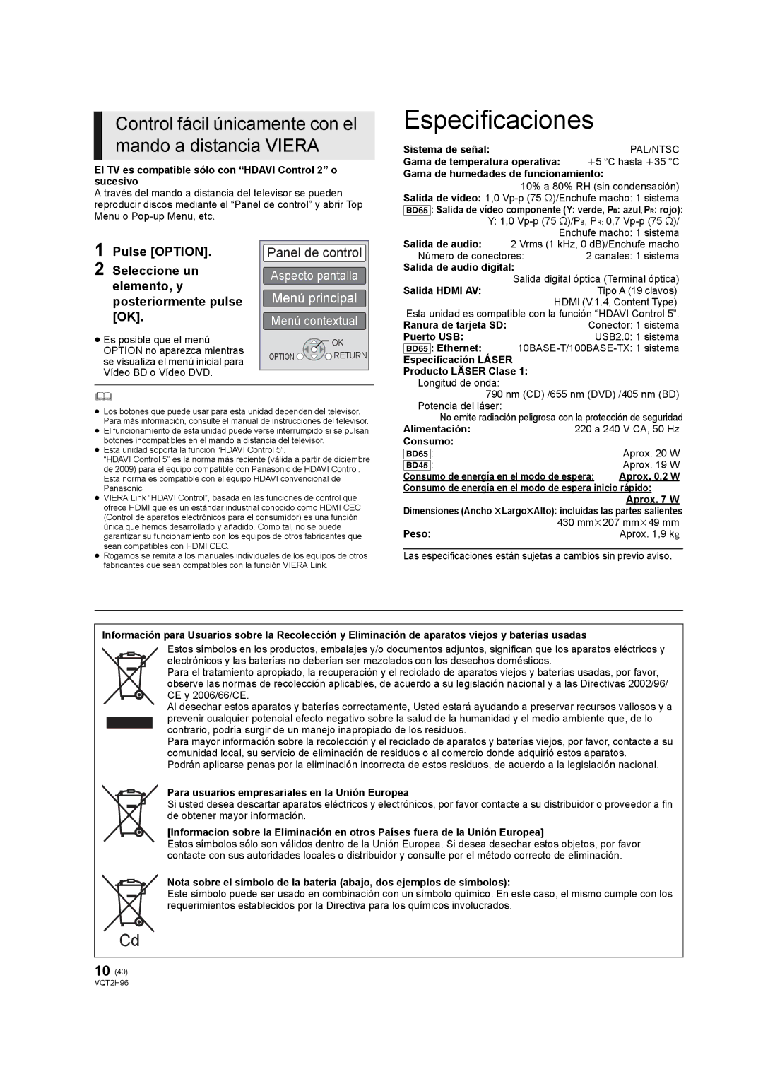 Philips DMP-BD65 operating instructions Especificaciones, Control fácil únicamente con el mando a distancia Viera 