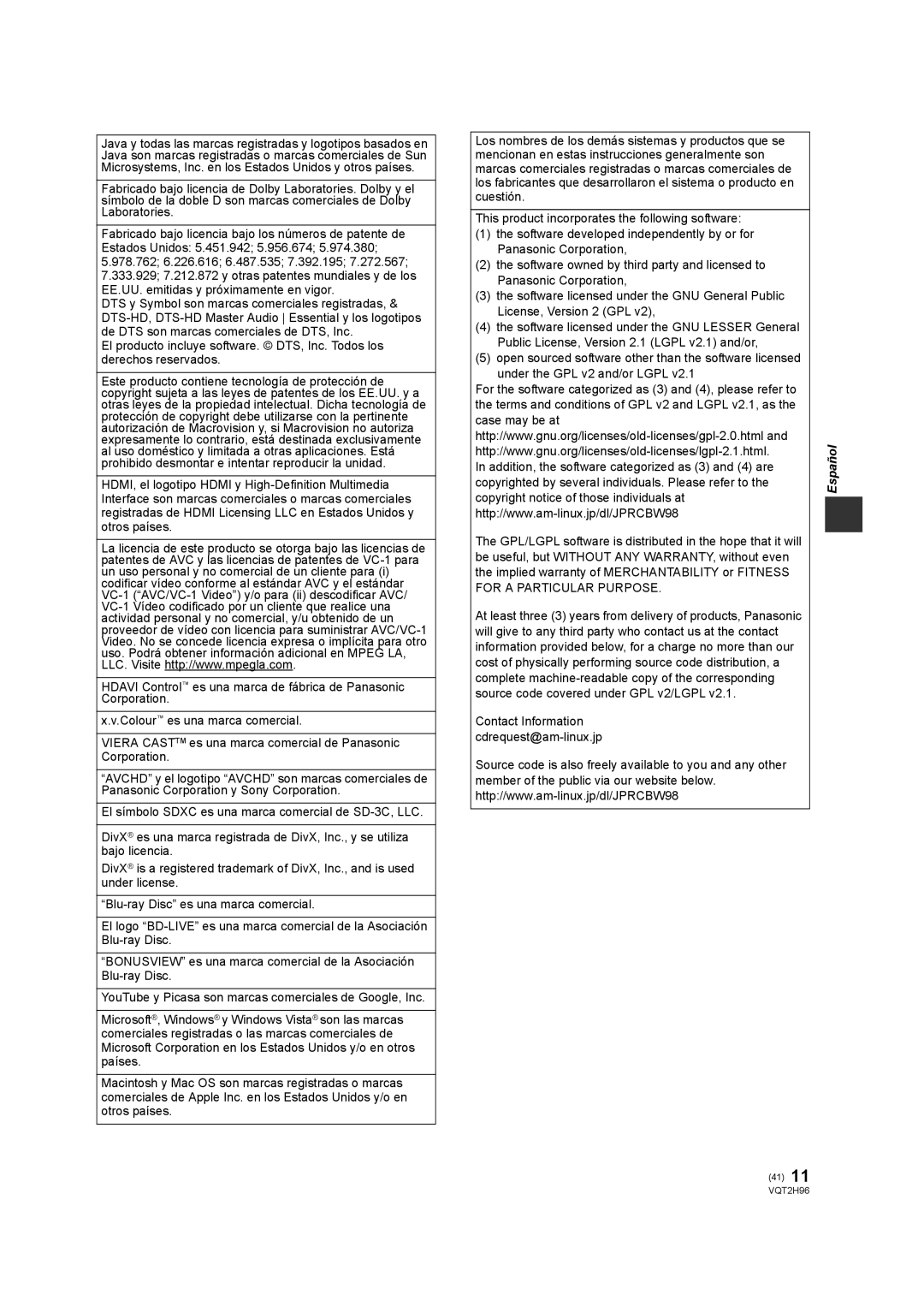 Philips DMP-BD65 operating instructions 41 11 VQT2H96 