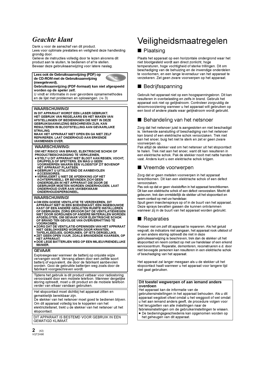 Philips DMP-BD65 operating instructions Veiligheidsmaatregelen, Geachte klant 