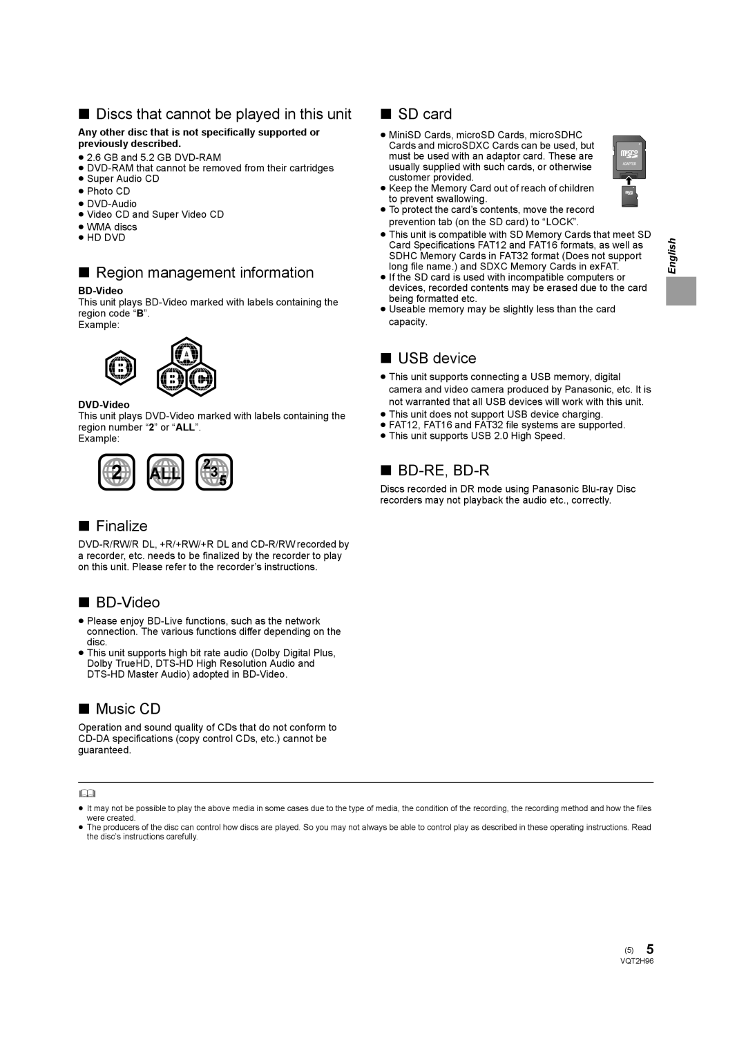 Philips DMP-BD65 Discs that cannot be played in this unit, Region management information, SD card, Finalize, BD-Video 