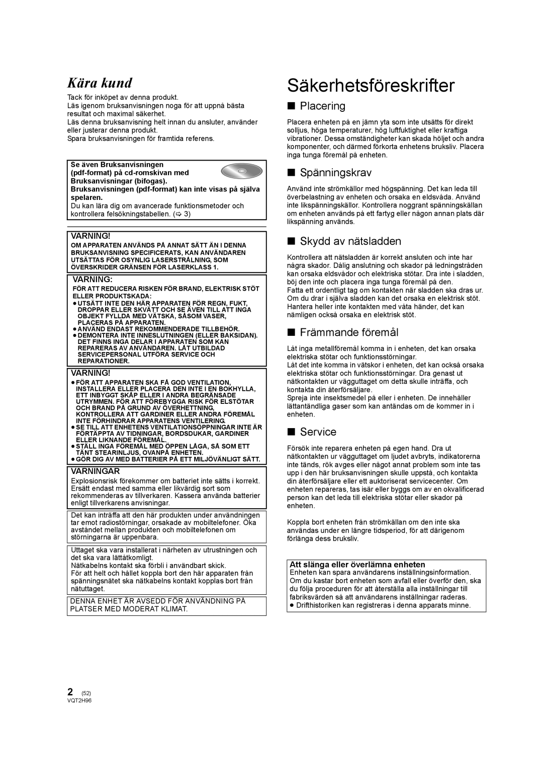 Philips DMP-BD65 operating instructions Säkerhetsföreskrifter, Kära kund 