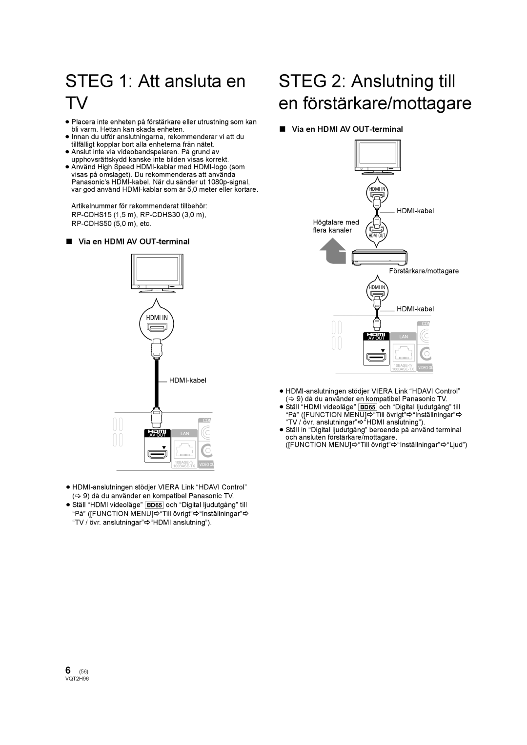 Philips DMP-BD65 Steg 1 Att ansluta en, Steg 2 Anslutning till en förstärkare/mottagare, Via en Hdmi AV OUT-terminal 