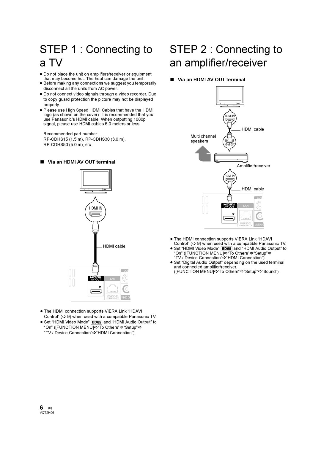 Philips DMP-BD65 Connecting to a TV, Connecting to an amplifier/receiver, Via an Hdmi AV OUT terminal 