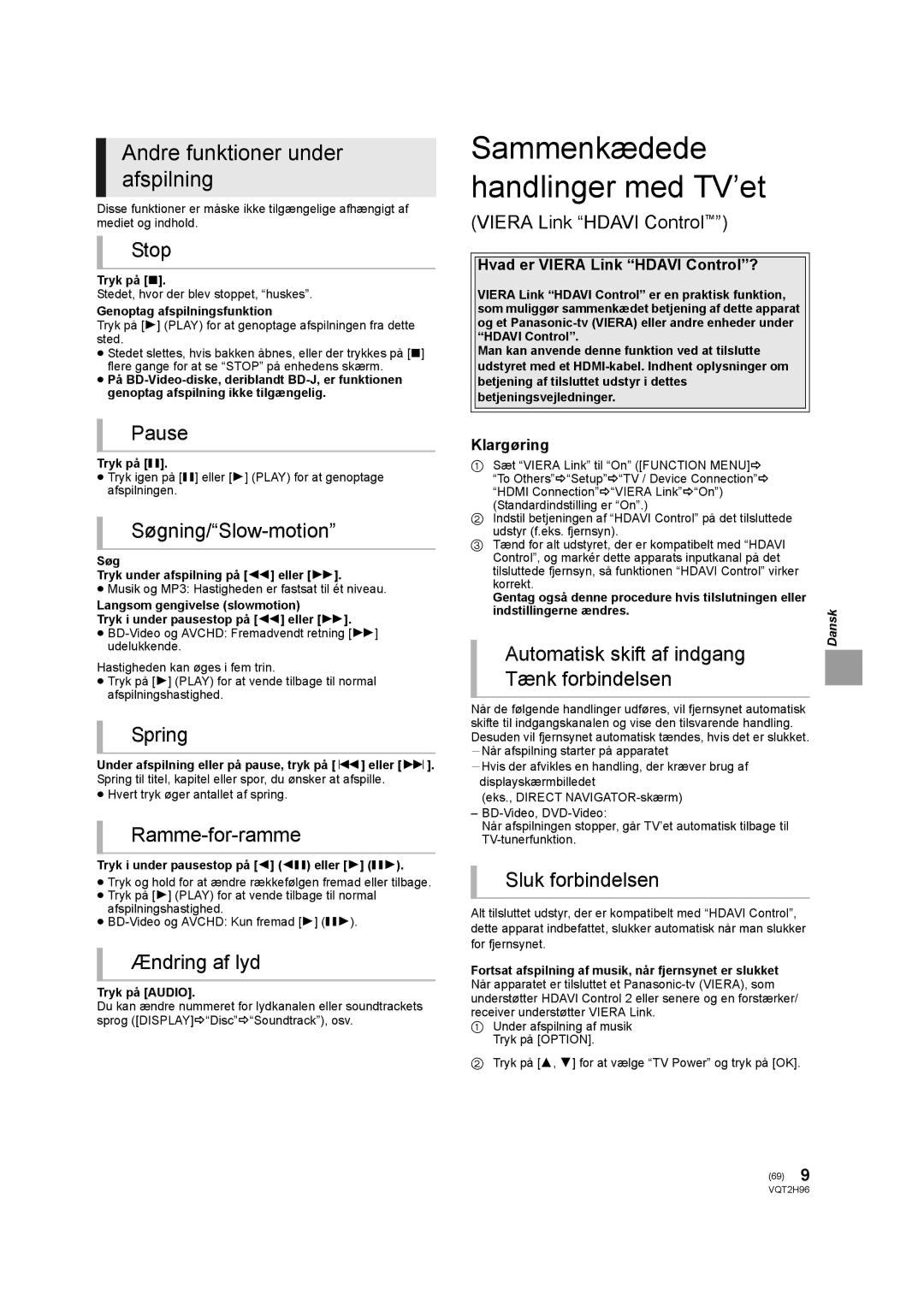 Philips DMP-BD65 operating instructions Sammenkædede handlinger med TV’et, Andre funktioner under afspilning 