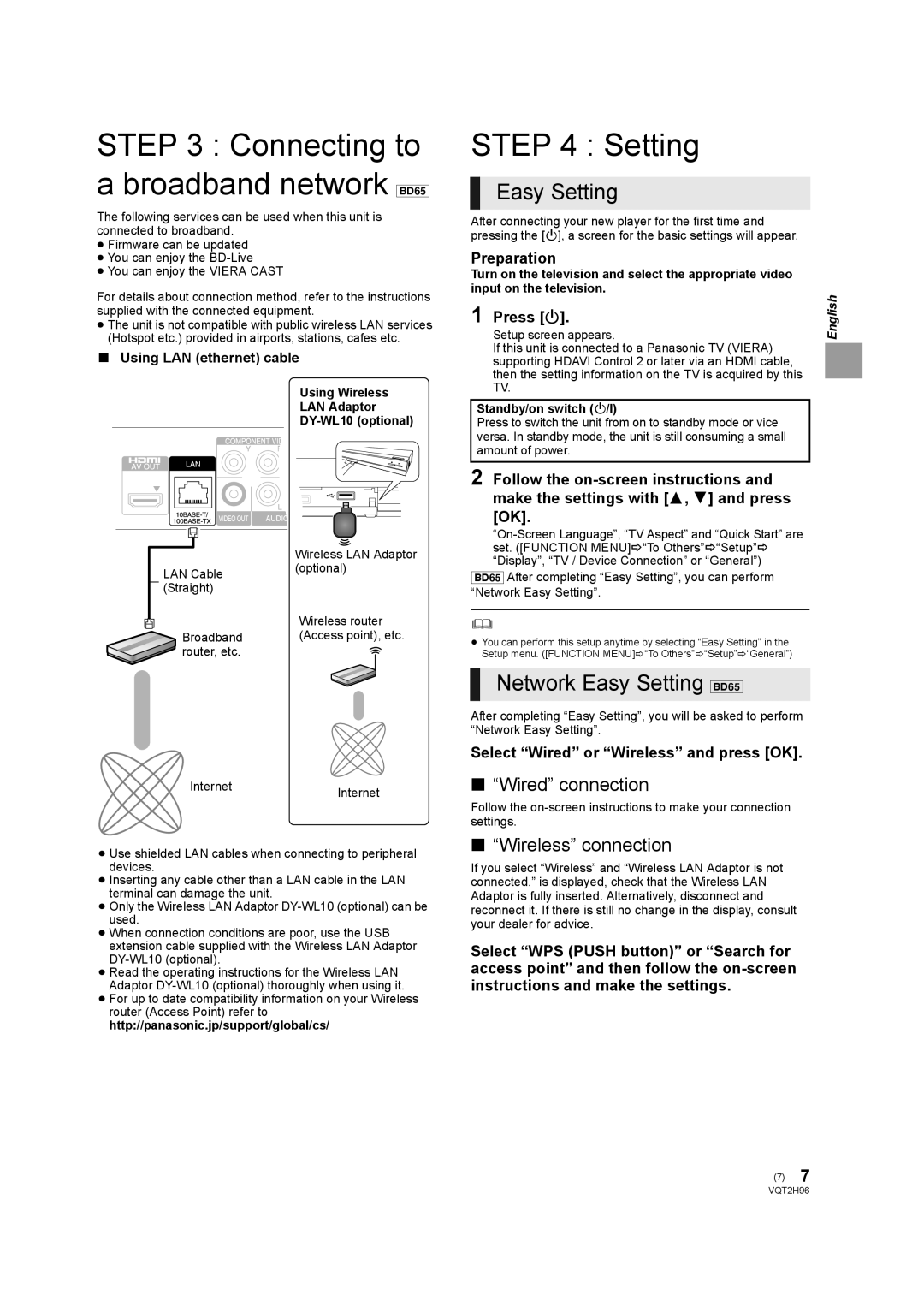 Philips DMP-BD65 operating instructions Connecting to a broadband network BD65, Network Easy Setting BD65 