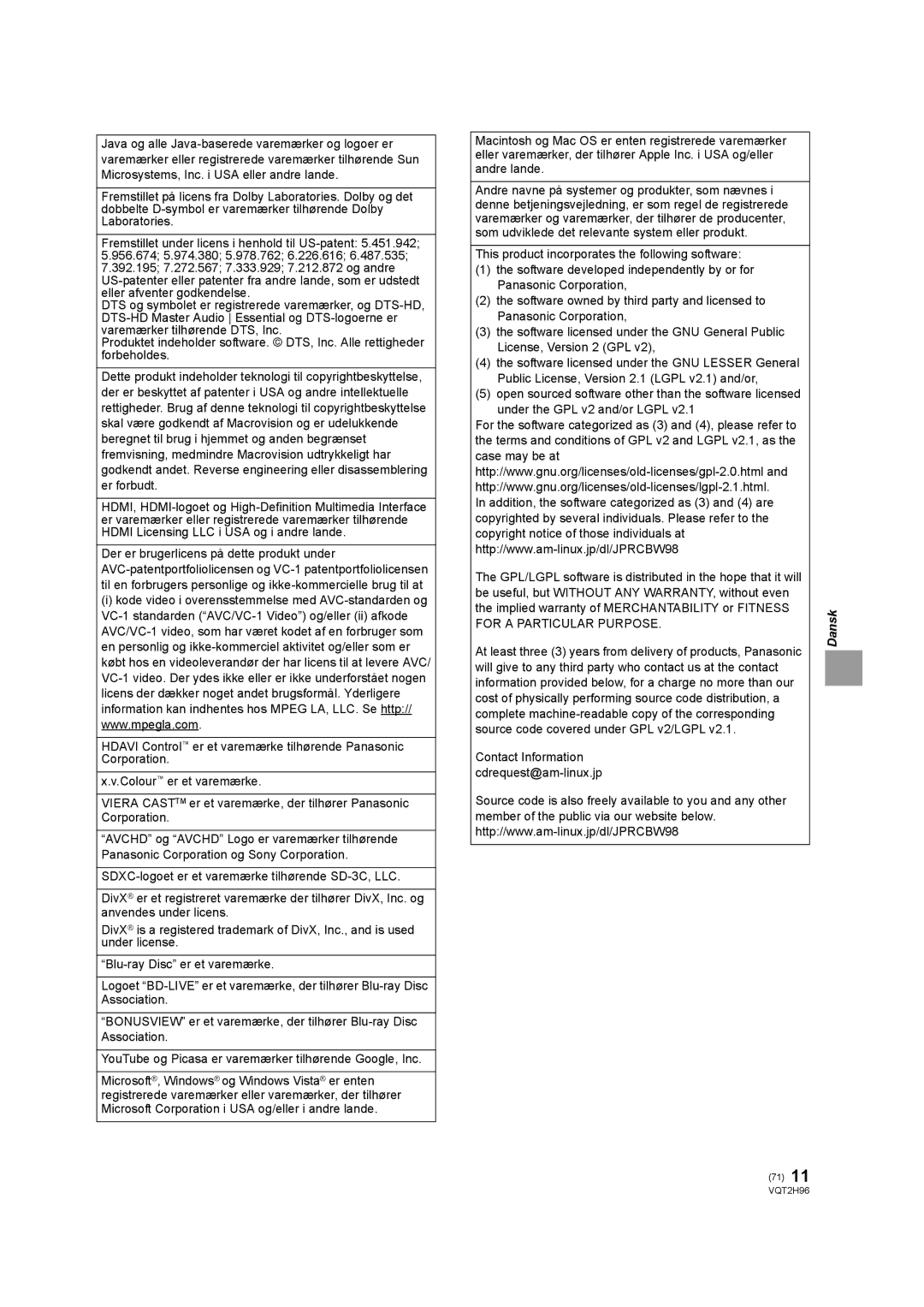 Philips DMP-BD65 operating instructions Dansk 