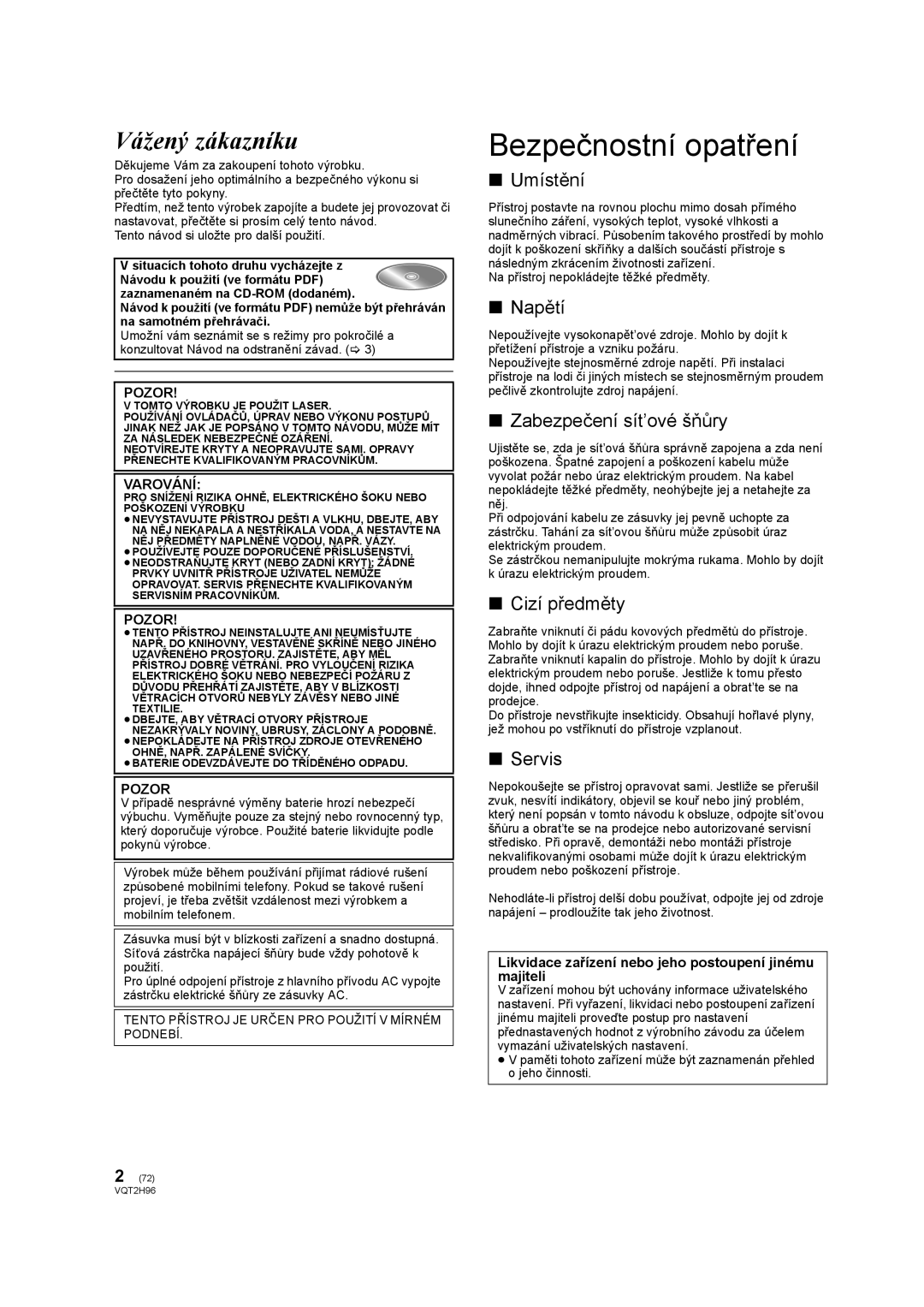 Philips DMP-BD65 operating instructions Bezpečnostní opatření, Vážený zákazníku 