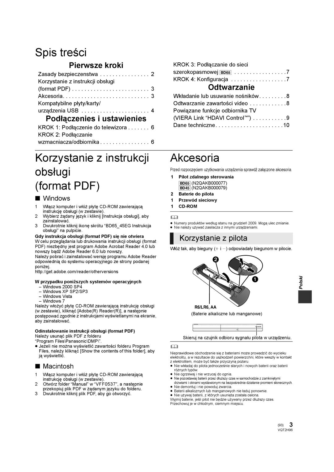 Philips DMP-BD65 operating instructions Spis treści, Korzystanie z instrukcji obsługi, Akcesoria 