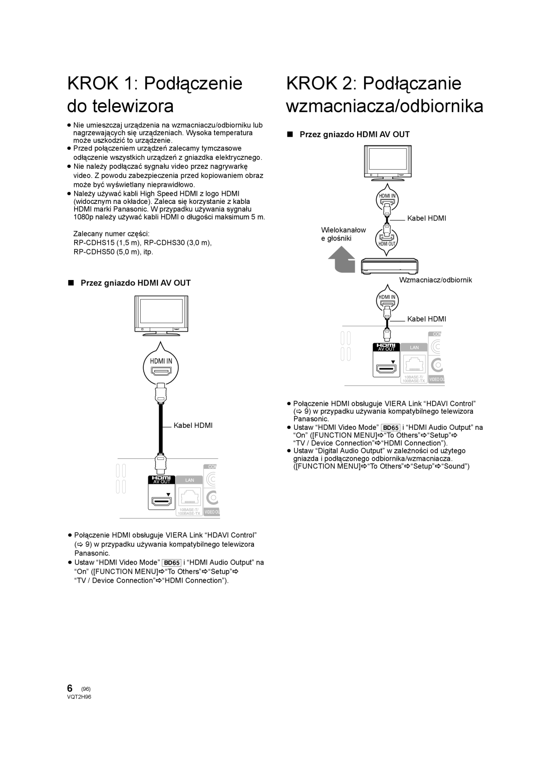 Philips DMP-BD65 Krok 1 Podłączenie do telewizora, Krok 2 Podłączanie wzmacniacza/odbiornika, Przez gniazdo Hdmi AV OUT 