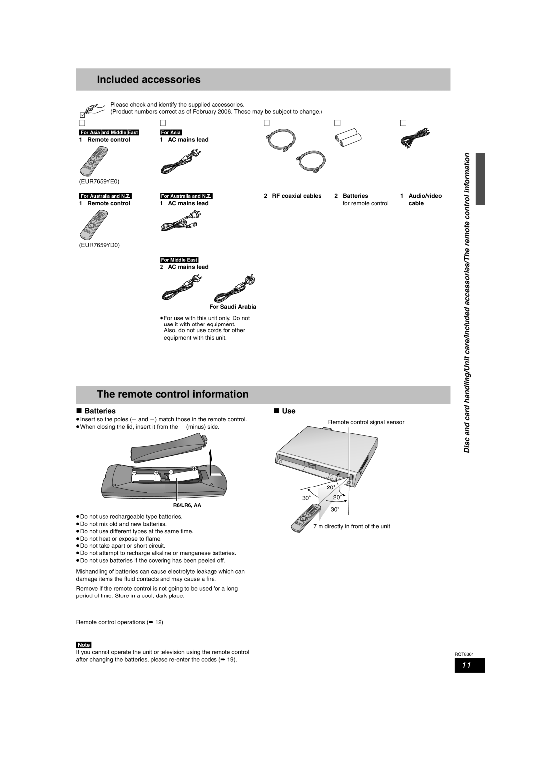 Philips DMR-EH55 operating instructions Included accessories, Remote control information, Batteries Use, Disc and card 