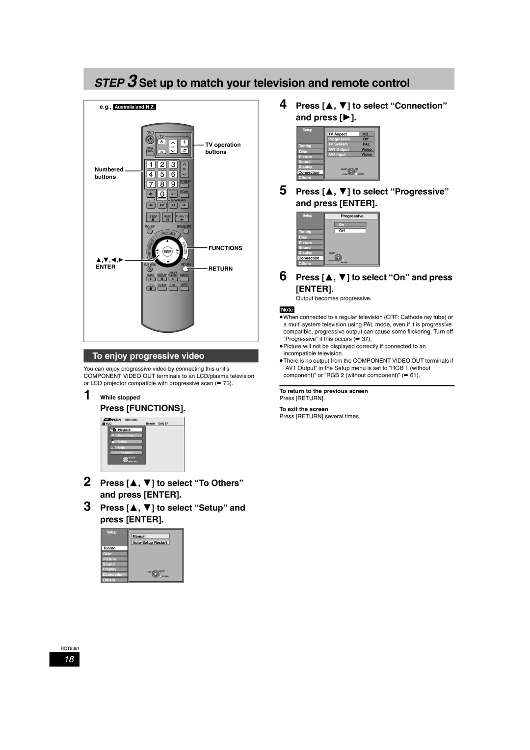 Philips DMR-EH55 Press 3, 4 to select Connection and press, Press 3, 4 to select Progressive and press Enter 