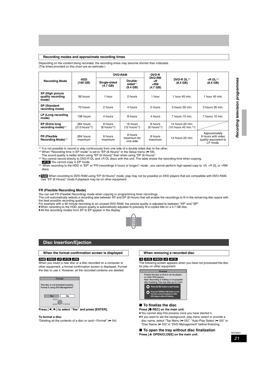 Philips DMR-EH55 operating instructions Disc Insertion/Ejection, Recording television programmes, To finalize the disc 