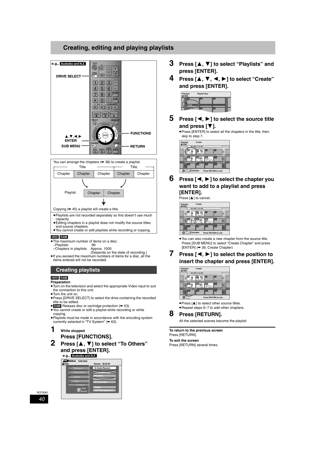 Philips DMR-EH55 Creating, editing and playing playlists, Press 2, 1 to select the source title and press, Press Return 