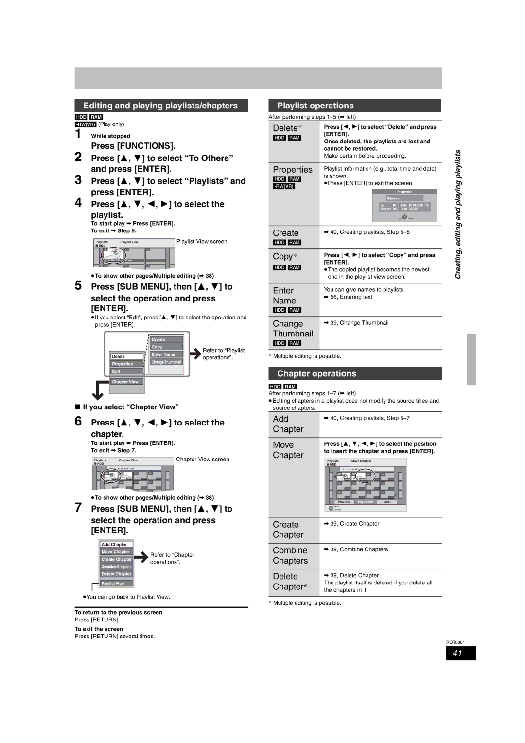 Philips DMR-EH55 operating instructions Editing and playing playlists/chapters, Playlist operations, Add, Chapter Move 