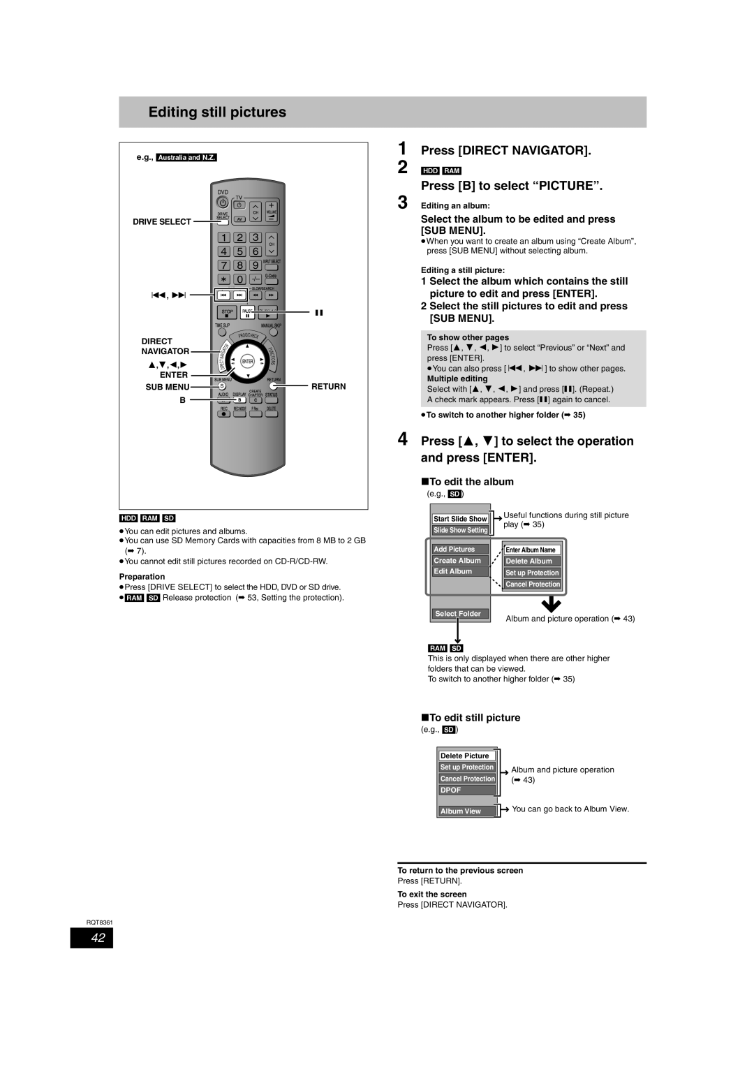 Philips DMR-EH55 Editing still pictures, Press B to select Picture, Press 3, 4 to select the operation and press Enter 