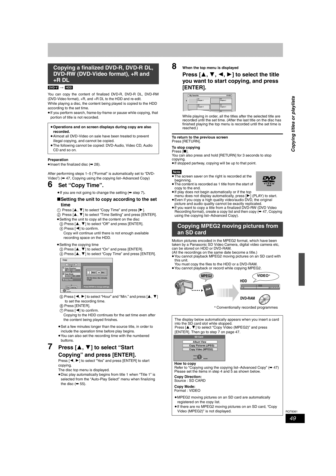 Philips DMR-EH55 Set Copy Time, Copying MPEG2 moving pictures from an SD card, MPEG2VIDEO§ HDD DVD-RAM 