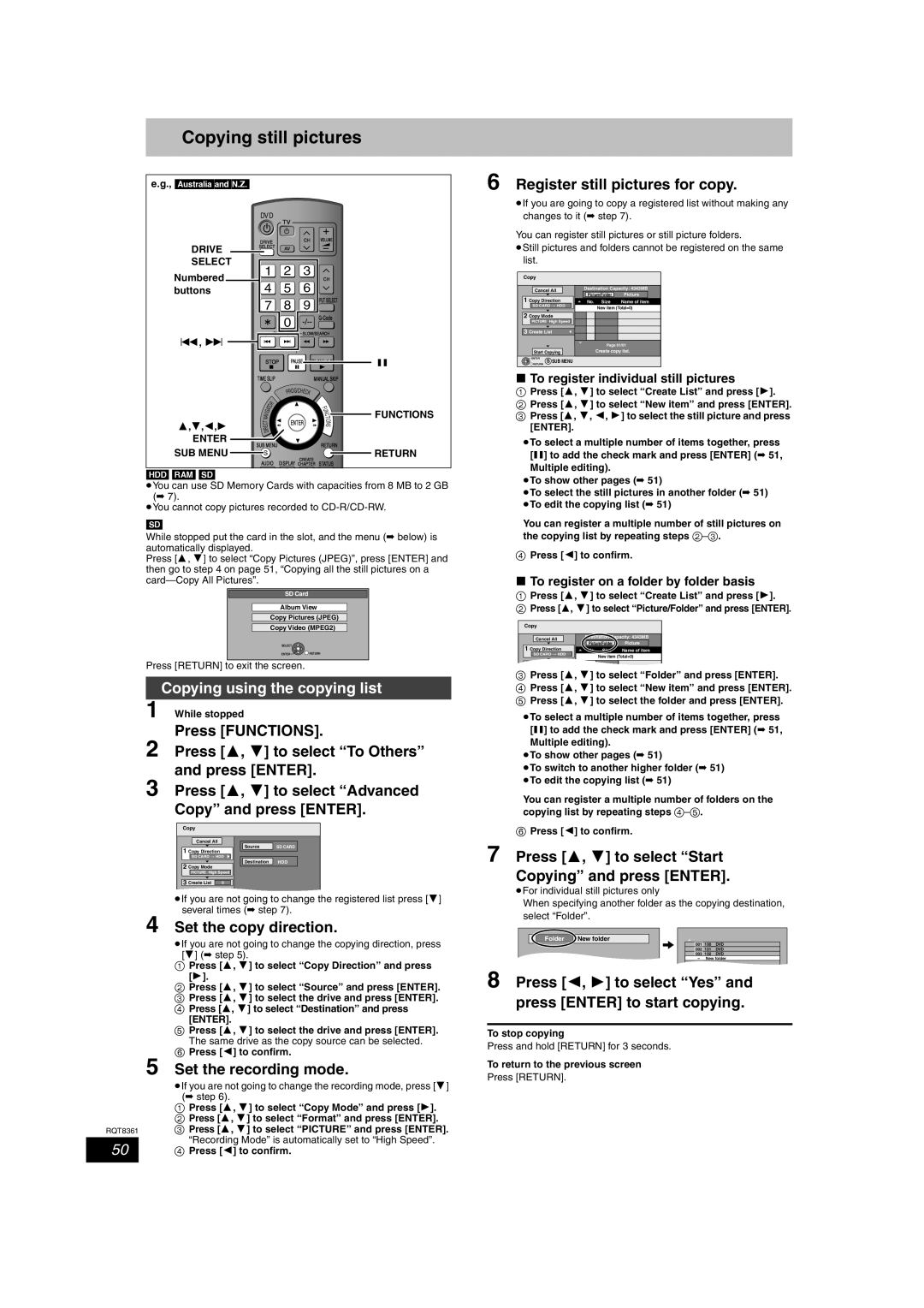 Philips DMR-EH55 Copying still pictures, Copying using the copying list, Register still pictures for copy 