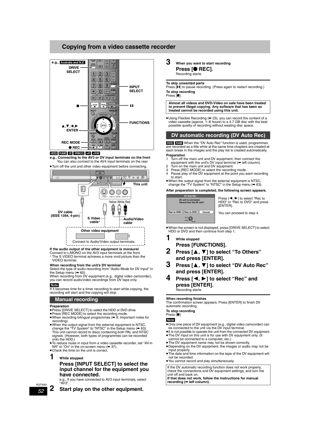 Philips DMR-EH55 Copying from a video cassette recorder, Press ¥ REC, DV automatic recording DV Auto Rec, Manual recording 