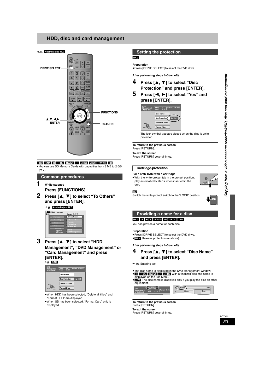 Philips DMR-EH55 HDD, disc and card management, Common procedures, Setting the protection, Providing a name for a disc 