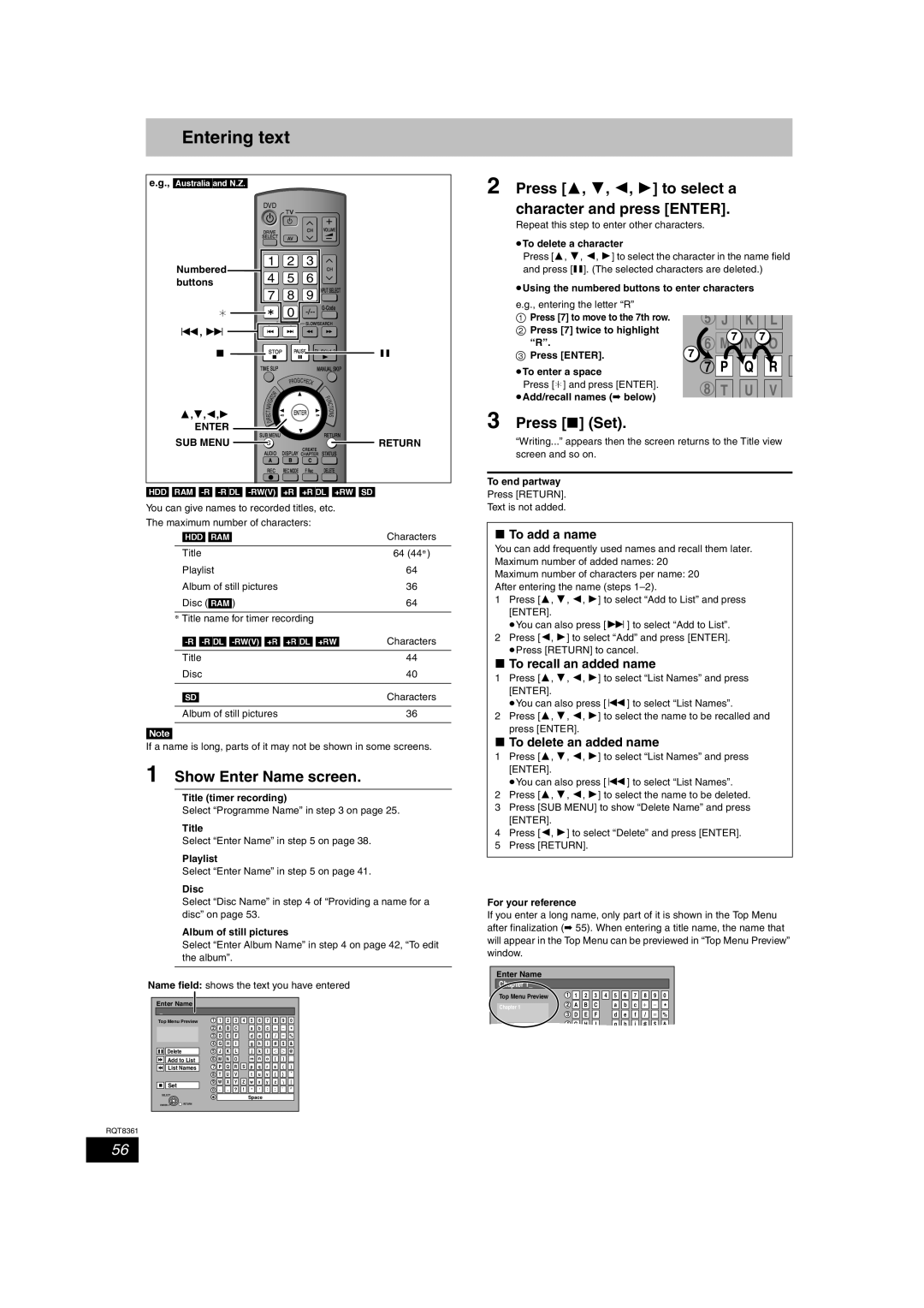 Philips DMR-EH55 Entering text, Show Enter Name screen, Press 3, 4, 2, 1 to select a character and press Enter, Press Set 