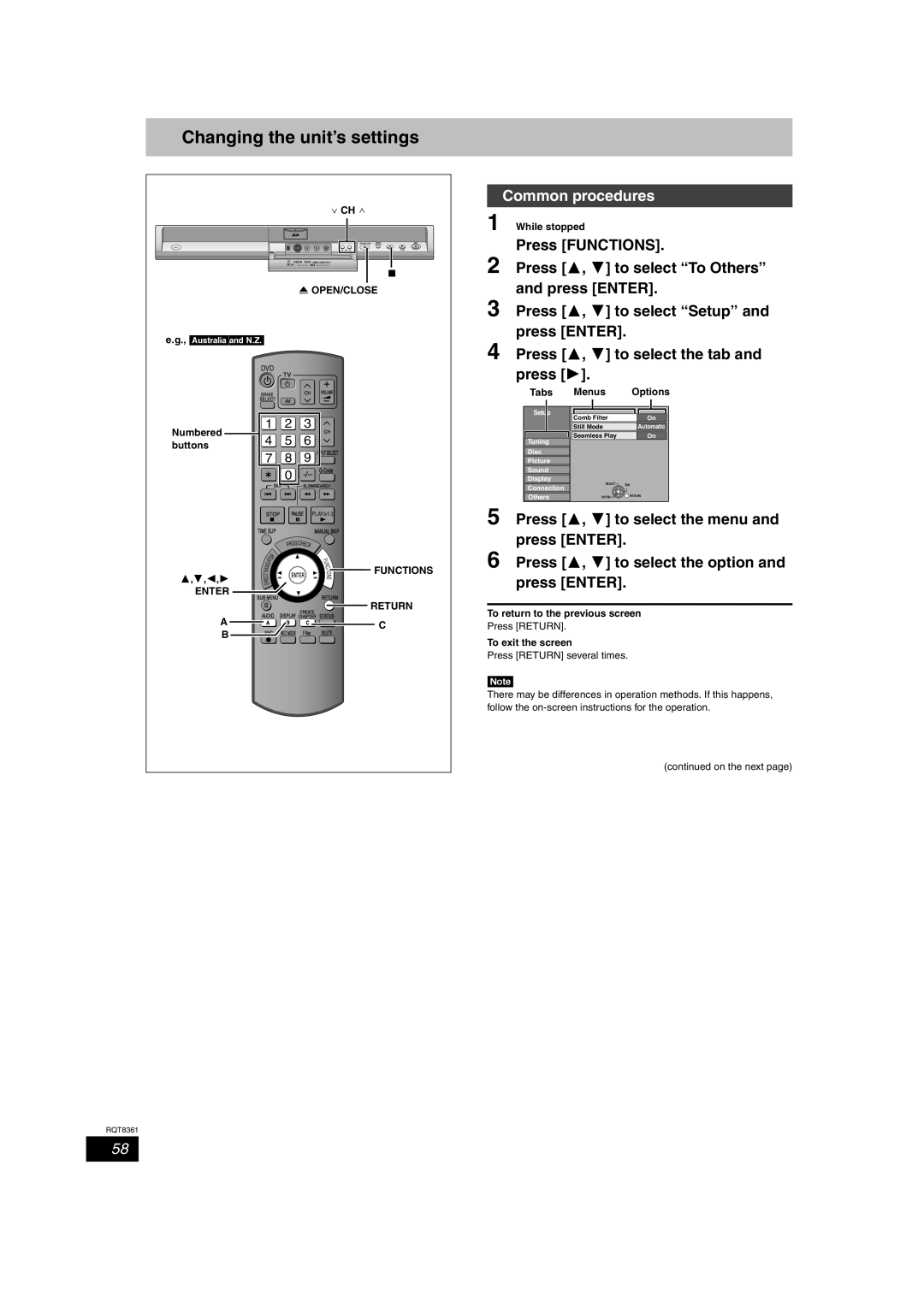 Philips DMR-EH55 operating instructions Changing the unit’s settings, Open/Close, Tabs Menus Options 