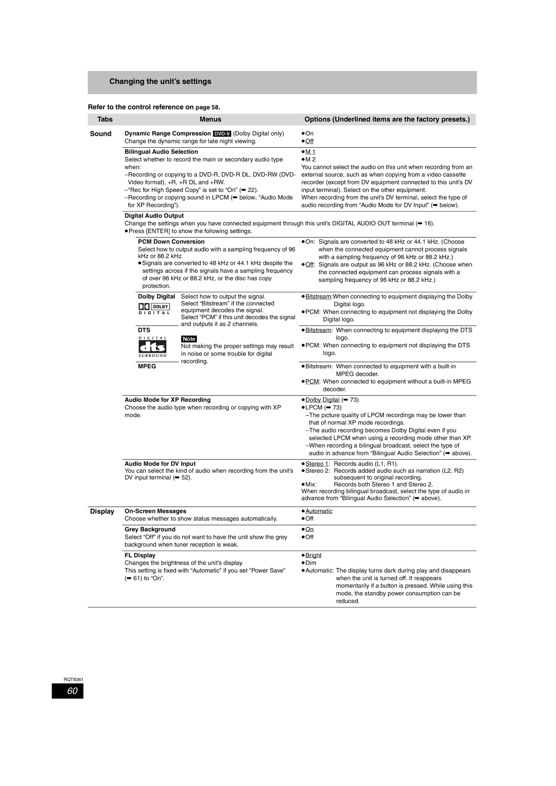 Philips DMR-EH55 operating instructions Changing the unit’s settings, Dts, Mpeg 