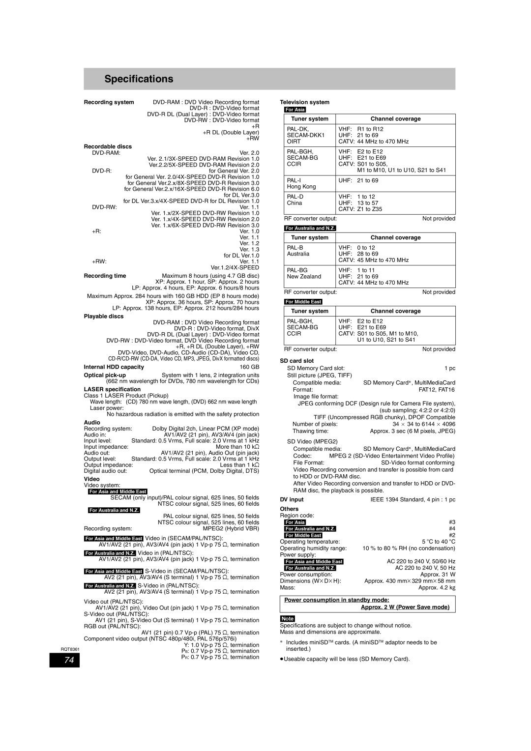 Philips DMR-EH55 operating instructions Specifications 