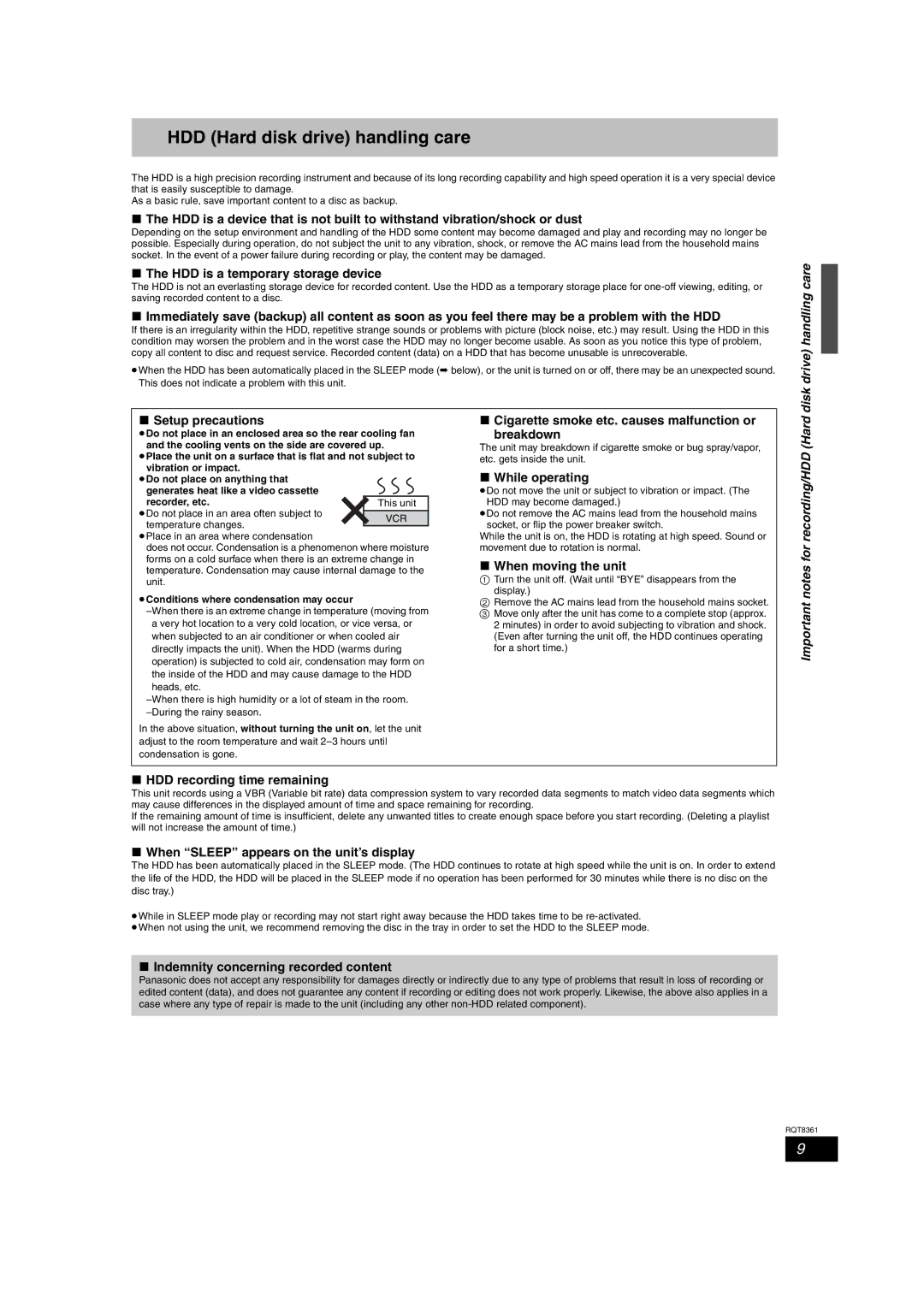 Philips DMR-EH55 HDD Hard disk drive handling care, Disk drive handling care, Important notes for recording/HDD Hard 