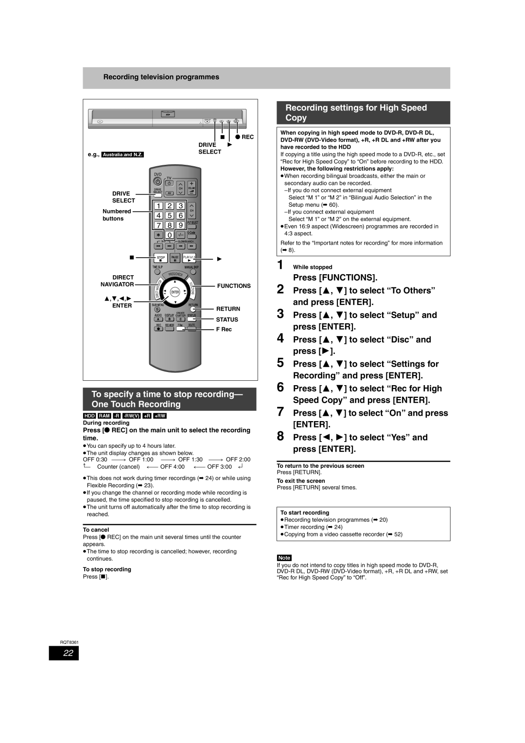 Philips DMR-EH55 To specify a time to stop recording- One Touch Recording, Recording settings for High Speed Copy 